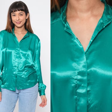 Jade Green Satin Blouse 80s Button up Top Pleated Long Sleeve Collared Shirt Preppy Formal Chic Shiny Formal Vintage 1980s Medium M 