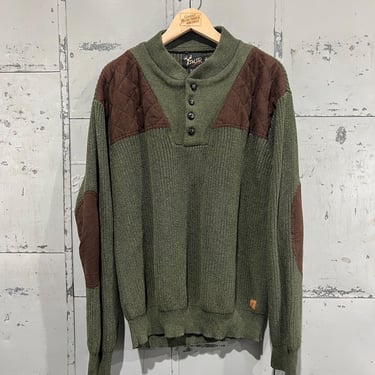 XL 90s dick idol Henley Fisherman Knit Sweater cotton Heavy Heavyweight Thick Green earthtone hunting sweater elbow patches 