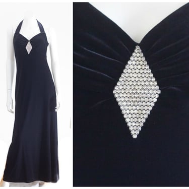 1990s black velvet halter top gown with rhinestone detail 