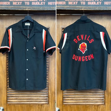 Vintage 1960’s Hilton “Devil’s Dungeon” Appliqué Original Bowling Shirt, 60’s Club Shirt, Vintage Clothing 