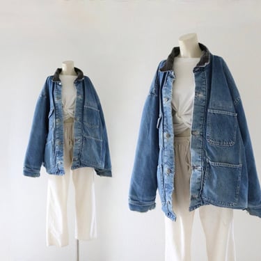 worrrn oversized denim chore prison coat - vintage blue jean unisex mens womens insulated barn ranch blanket jacket 