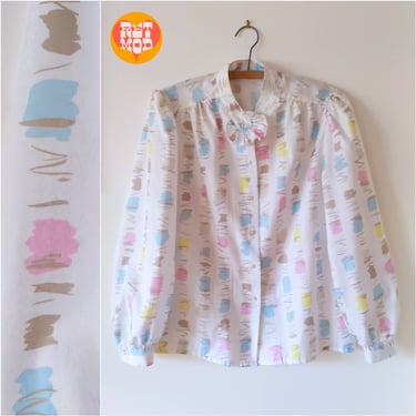 Cute Vintage 80s Pastel Brushstrokes Patterned Long Sleeve Blouse with Neck Ruffle 