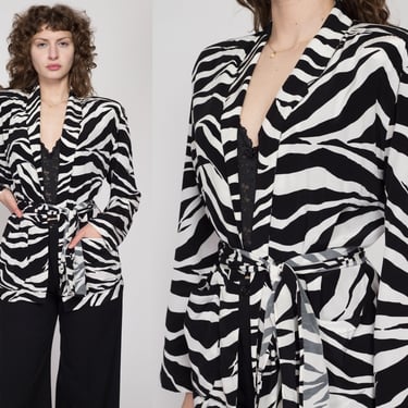 XL 80s Norma Kamali Zebra Print Belted Blazer Top | Vintage Open Fit Collared Lightweight Jacket 