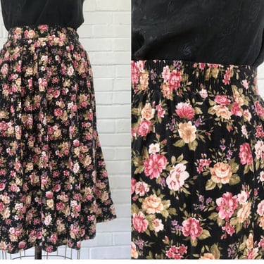 1980's Blush + Black Floral Cotton Skirt 