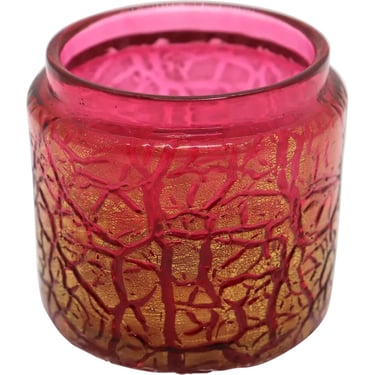 1900 Antique Bohemian Kralik Crackle Glass Cranberry Red and Gold Dresser Jar 