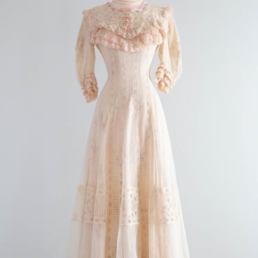 Beautiful 1900's Edwardian Net Lace &amp; Pink Floral Wedding Tea Gown / Small