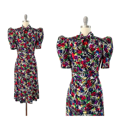 40s Silk Printed Dress / 1940s Vintage Dress / Medium / Size 8 
