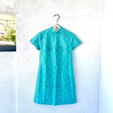 Vintage 60s Hawaiian Silk Dress High Neck Blue Mod Hawaii Muumuu 