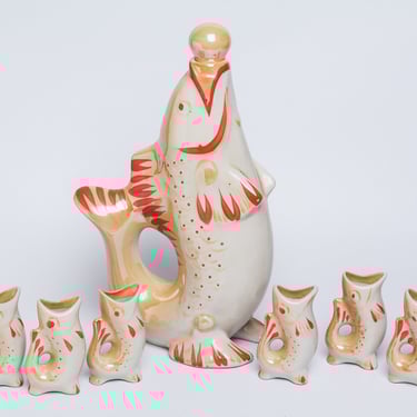 Fish Decanter Ukrainian Drinking Set Porcelain fish Carafe Vodka Whiskey Shot Glasses Newlywed gift for him couple Vintage barware 