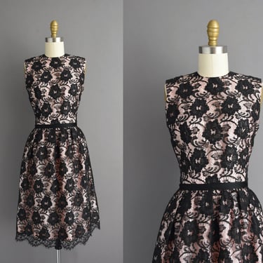 vintage 1950s Dress | Jonathan Logan Gorgeous Pink & Black Illusion Lace Cocktail party Dress | XS 