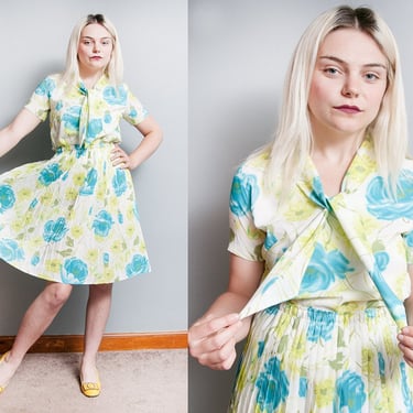 Vintage 1950's/1960's | Floral | 2 Piece Outfit | New Look | Accordion Pleated | Skirt | Ascot | Blouse | XS/S 