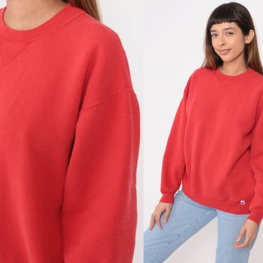 Red Russell Sweatshirt 90s Crewneck Sweatshirt Streetwear Athletic Plain Long Sleeve Shirt 1990s Vintage Normcore Large L 