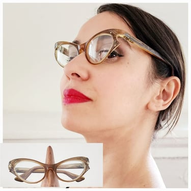50s Cat Eye Glasses Light Brown Frames Made in France 