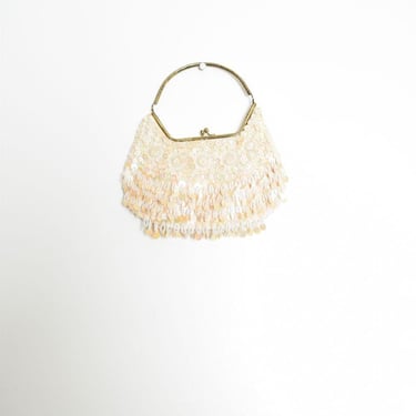 vintage 80s purse cream sequin beaded frame bag evening wedding fringe flapper 