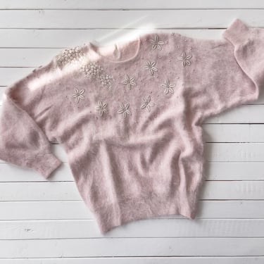 pink wool sweater 80s 90s vintage pastel angora pearl beaded floral embroidered sweater 