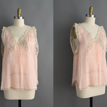 Antique Ballet Slipper Pink 1920s Silk Lace Blouse | Medium Large 