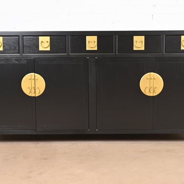 Michael Taylor for Baker Furniture Hollywood Regency Chinoiserie Black Lacquered Sideboard Credenza, Newly Refinished