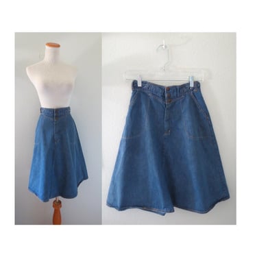 Vintage 70s Denim Midi Skirt - High Waisted Jean Skirt with Pockets - Braided Waist - Boho Hippie - Size XS 