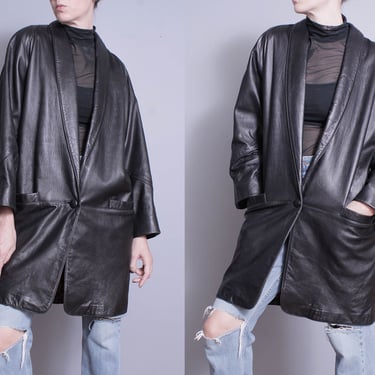 Vintage 1980's | Soft | Black | Oversized | Leather | Coat | Overcoat | M/L or Oversized 