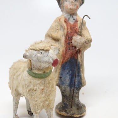 Antique German Shepherd, Wooly Sheep, Hand Painted for Putz or Christmas Nativity, Vintage Germany 