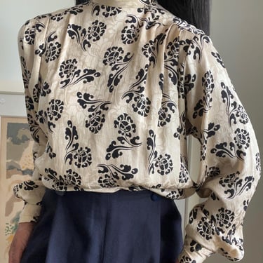 vintage textured silk novelty print monochromatic high collar puffed sleeve blouse 