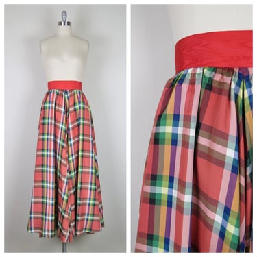 Vintage 1970s plaid maxi skirt, taffeta, formal, party, cocktail,  holiday, high waist, size small 