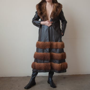 3161o / 70s convertible brown leather fox fur coat / s 