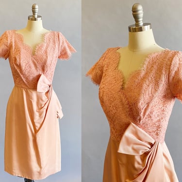 1950's Pink Cocktail Dress / DuBarry Short Formal / 50s Wiggle Dress /Pink Lace Dress / Pink Silk Dress / Size Small 