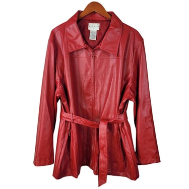 Vintage Leather Coat Jacket Plus Size 2X 18/20W Belted Red Zip Up Pockets 