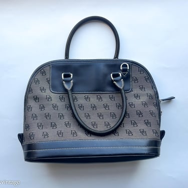Dooney & Bourke | 1990s Black Leather Trimmed Handbag | Gray Canvas Monogram Bowler Bag | Dooney Bourke 