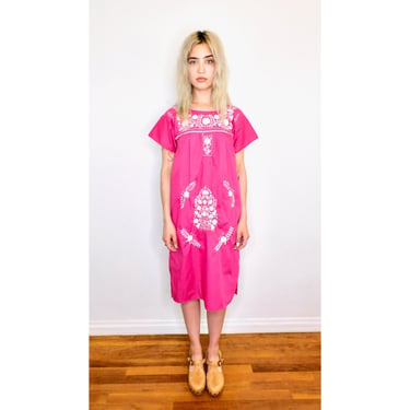 Hand Embroidered Dress // vintage sun Mexican 70s boho hippie cotton hippy midi pink // S Small 