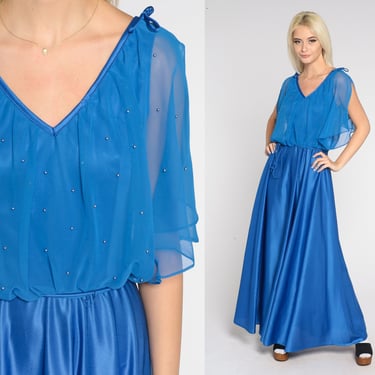 Royal Blue Grecian Dress 70s Party Maxi Dress V Neck Sheer Beaded Capelet Flutter Split Sleeve High Waist Gown Formal Vintage 1970s Small S 