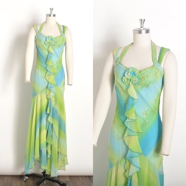 Vintage 2000s Dress / Y2K Diane Freis Ombré Ruffle Gown / Blue Green ( XS S ) 
