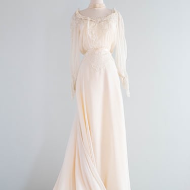 Romantic 1970's Ivory Chiffon Edwardian Inspired Wedding Gown / SM