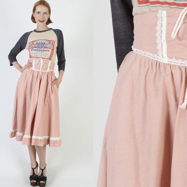 Gunne Sax High Waisted Corset Tie Skirt, Vintage 70s Cottagecore With Hip Pockets 