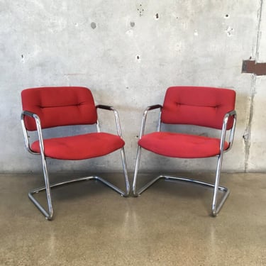 Local Long Beach CA LA Pick Up - Vintage Steelcase Chrome Cantilever Chairs set of 2 - 80s Red Upholstered Post Modern Accent Chairs 