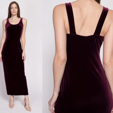 90s Dark Purple Velvet Maxi Dress - Medium | Vintage Low Back Fitted Sleeveless Cocktail Party Dress 