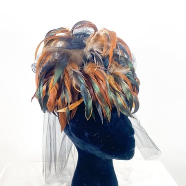 1990s Brown Feather Fascinator | 90s Brown & Black Iridescent Feathers Hat | Ms Purdy 