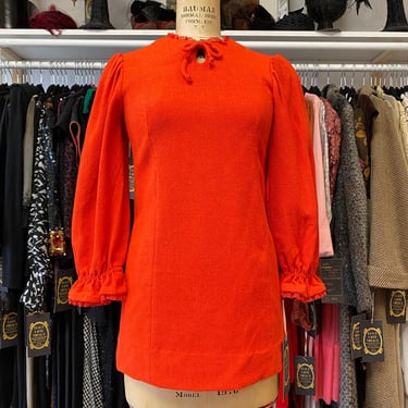 Vintage 1960s red wool micro mini, 60s dress, x-small, twiggy biba puff shoulder 