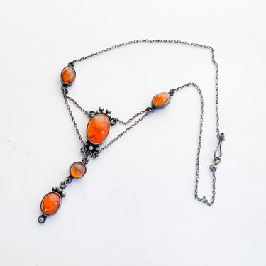1920s Silver Glass Pendant Necklace | 20s Silver & Orange Glass Pendant Necklace 