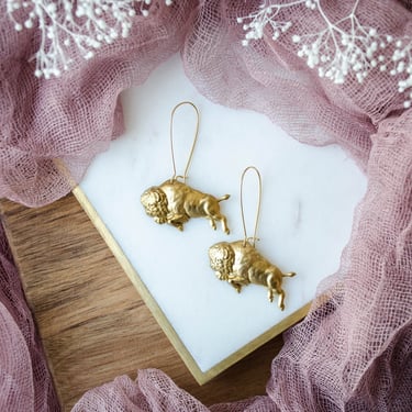 gold buffalo earrings, bison charm earrings, vintage brass earrings, bohemian nature western gift for her, statement earrings 