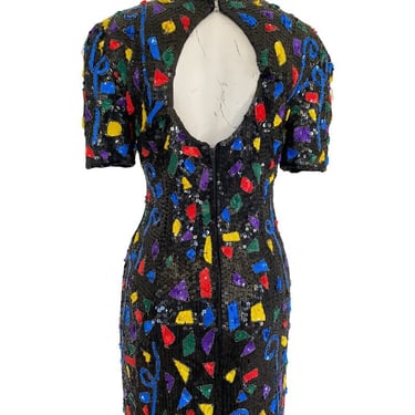 Vintage MODI sequin dress, confetti bead cocktail dress, keyhole back colorful abstract print sequin dress, nye holiday dress size small 