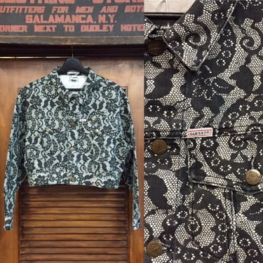 Vintage 1980’s “Guess” Label Tapestry Design Cropped Denim Jacket, 80’s Era Style, Vintage Trucker Jacket, Paisley, Vintage Clothing 