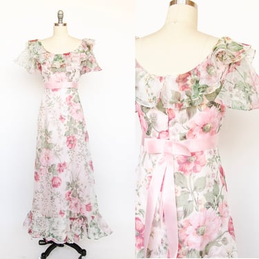 1970s Maxi Gown Chiffon Floral Ruffle Dress M 