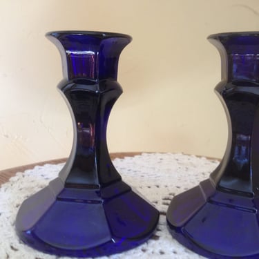 Vintage Pair (2) Pressed Glass Cobalt Blue Candlestick  Holders 