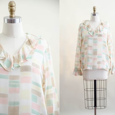 cream silk blouse | 90s vintage romantic ruffled sheer see through pastel geometric print blouse 