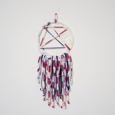 Handmade Patriotic Americana Wreath Dreamcatcher — Red, White, and Blue Fringe with Lace Hanging Wall Art for Fourth of July 