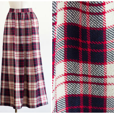 1970s red white and blue plaid maxi skirt 