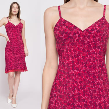 90s Y2K Fuchsia Floral Mini Dress - Small | Vintage Sleeveless V Neck Lace Trim Party Dress 