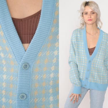 Checkered Cardigan 80s Baby Blue Button Up Knit Sweater Slouchy Tan White Houndstooth Print Retro Knitwear Acrylic Vintage 1980s Large L 